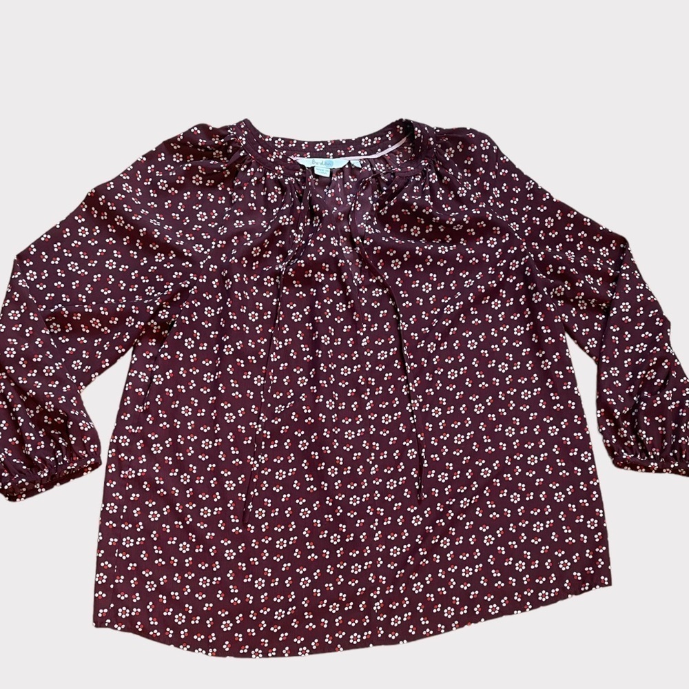 Boden Burgundy Floral Balloon Sleeve Blouse Tie Neckline Size 8P